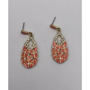 Retro Gold Tone Orange Enamel & Rhinestone Teardrop Earrings Boho Glam Sparkle
